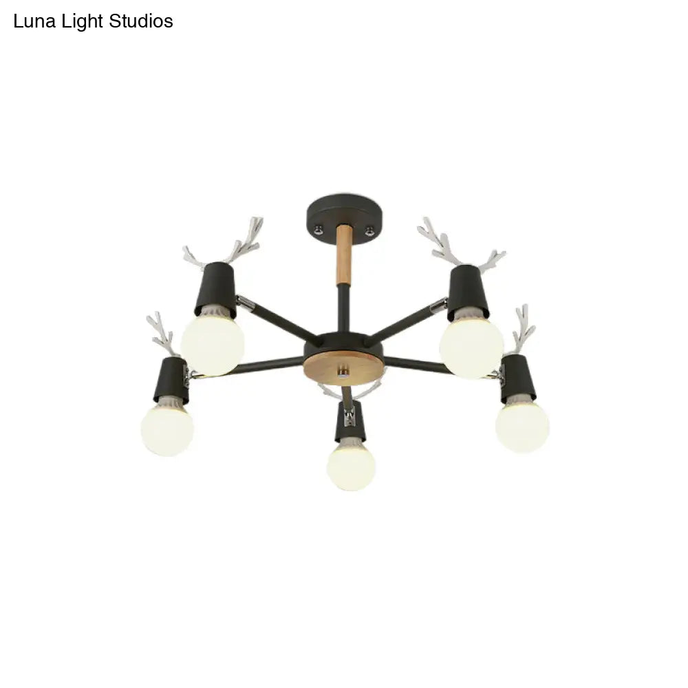 Kids Bedroom Semi Flush Ceiling Light With Modern Antler Decoration