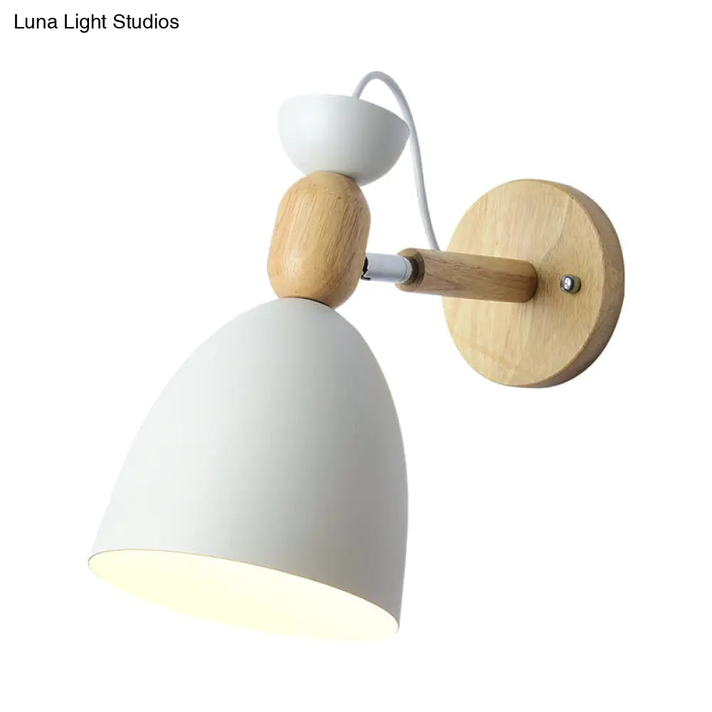 Kids Bedroom Wall Lamp With Swivel Shade - Metal Finish 1-Bulb Macaron Reading Light Wood Deco
