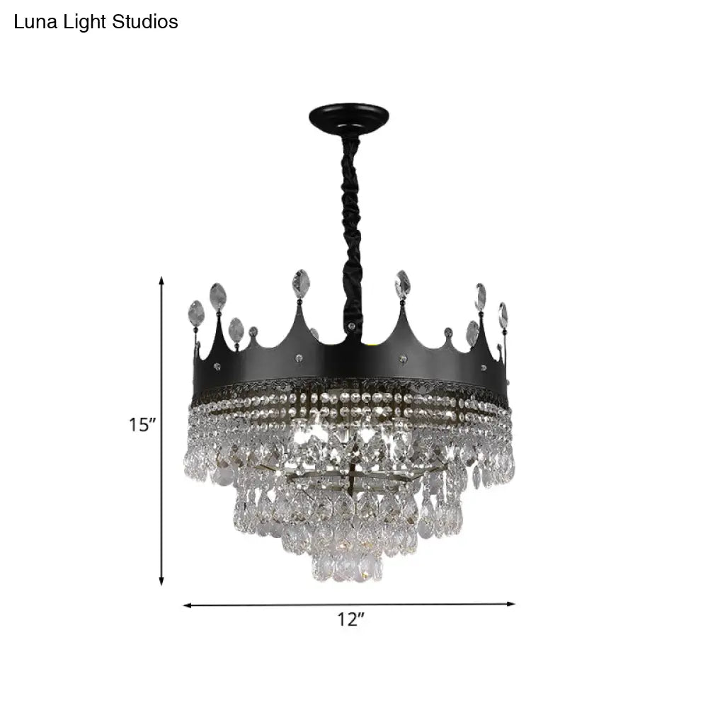 Kids Black Metal Crown Chandelier Lighting With Crystal Drop Decor - 4/5/6 Lights Ideal For Dining