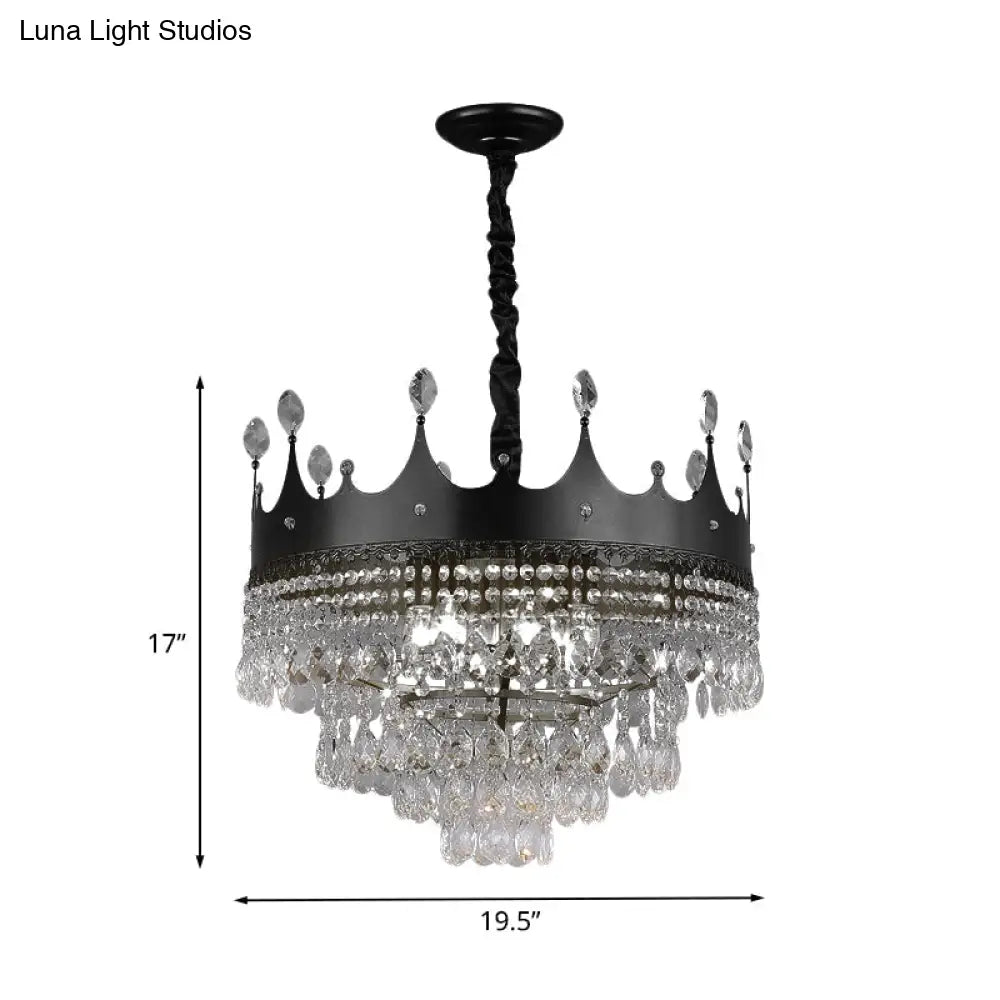 Kids Black Metal Crown Chandelier Lighting With Crystal Drop Decor - 4/5/6 Lights Ideal For Dining