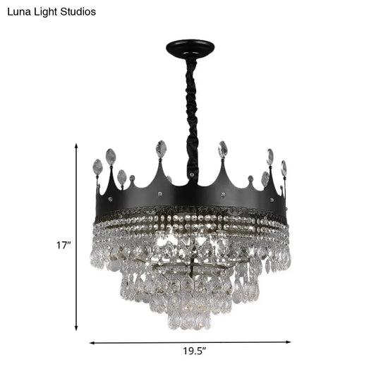 Kids Black Metal Crown Chandelier Lighting With Crystal Drop Decor - 4/5/6 Lights Ideal For Dining