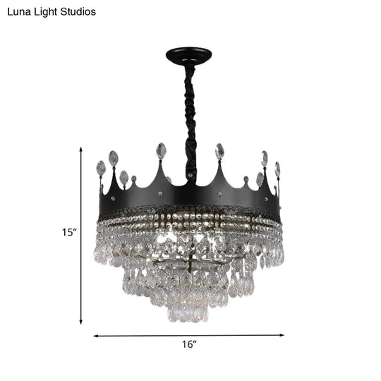 Kids Black Metal Crown Chandelier Lighting With Crystal Drop Decor - 4/5/6 Lights Ideal For Dining