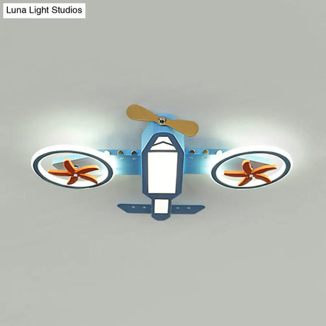 Kids’ Blue Jet Plane Ceiling Light With Spinnable Wing And Led Flush Mount
