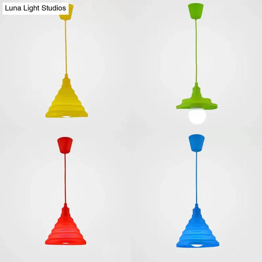 Kids Colorful Hanging Pendant Light For Game Room - Single Head Metal Conical Design