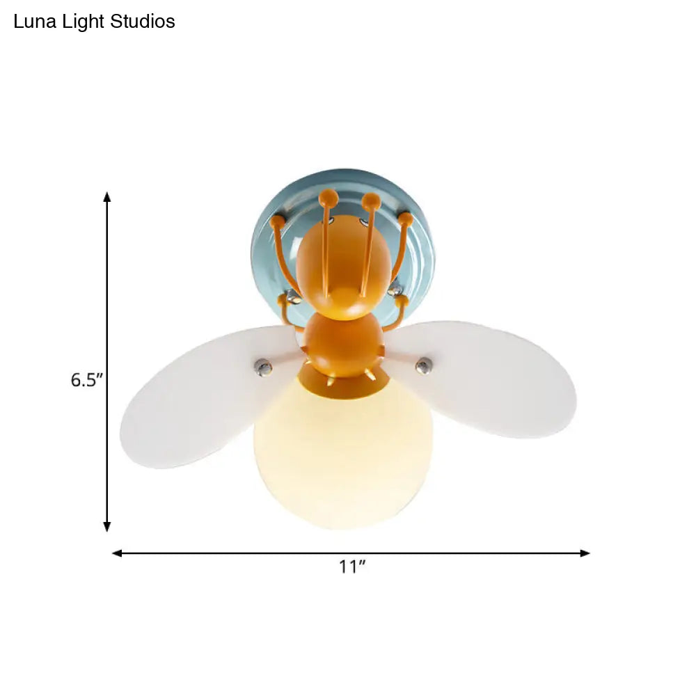 Childrens Firefly White Glass Flush Mount Light With 1 Orange Bulb - Ideal For Corridors