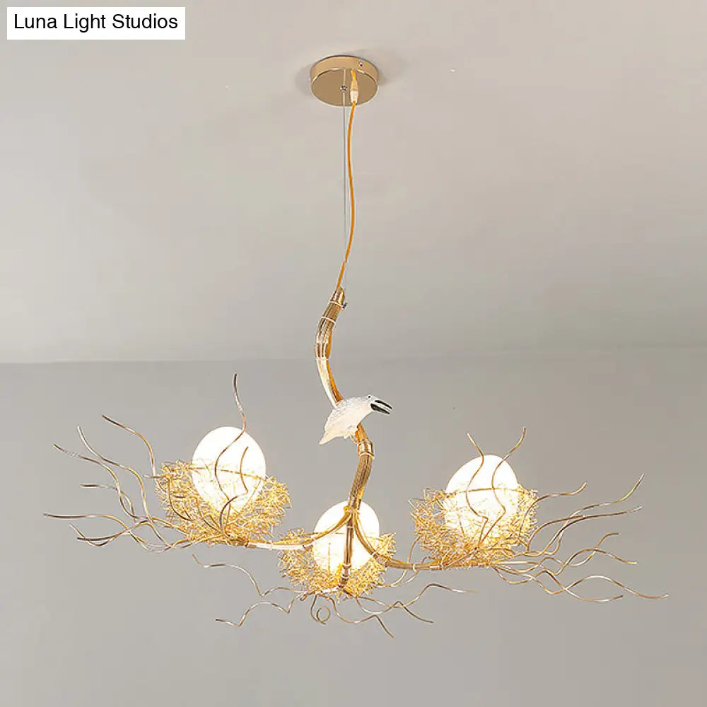 Kids Gold Chandelier - Cafe Thin Branch Pendant Lighting With Egg & Bird Accents 3 Metal Lights