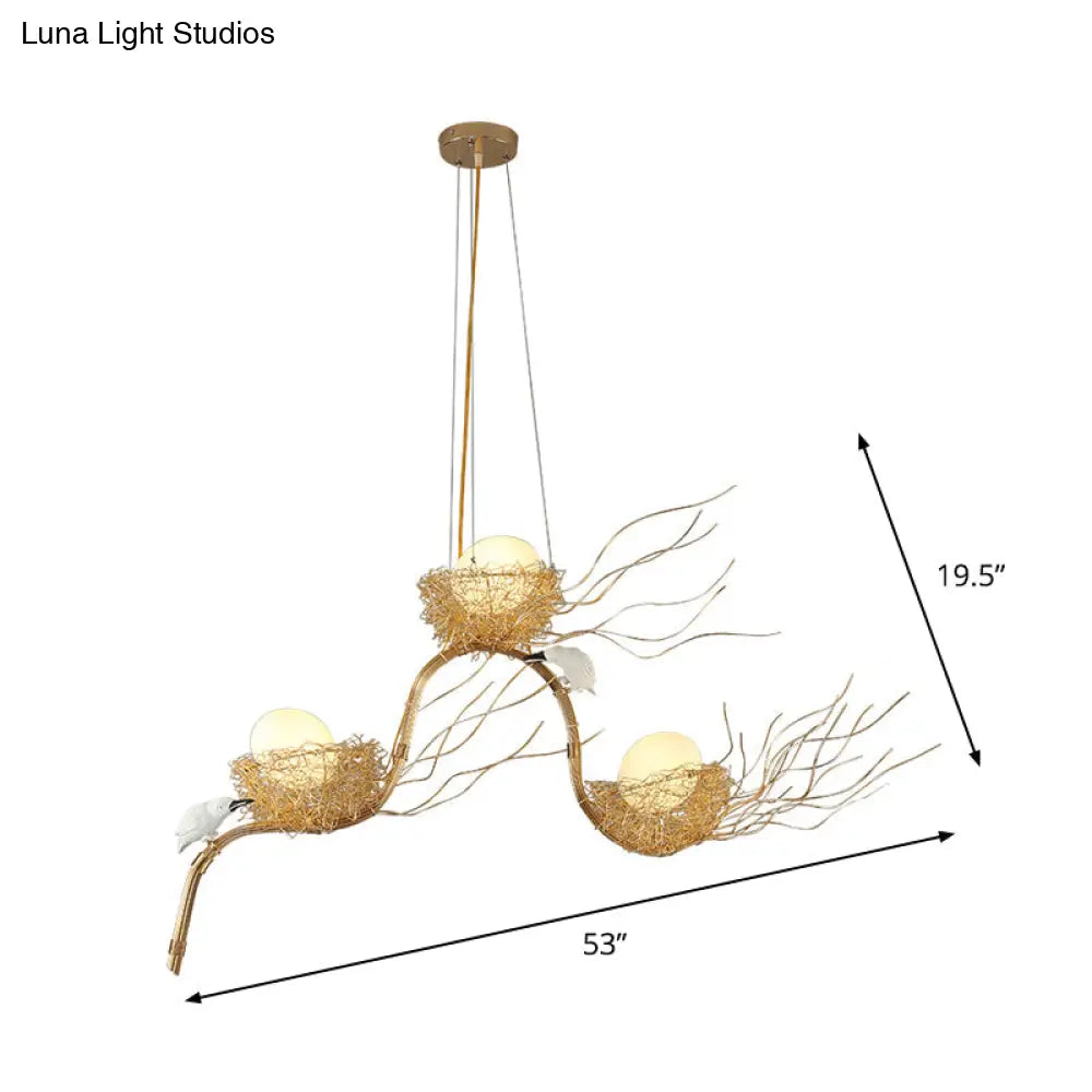 Kids Gold Chandelier - Cafe Thin Branch Pendant Lighting With Egg & Bird Accents 3 Metal Lights