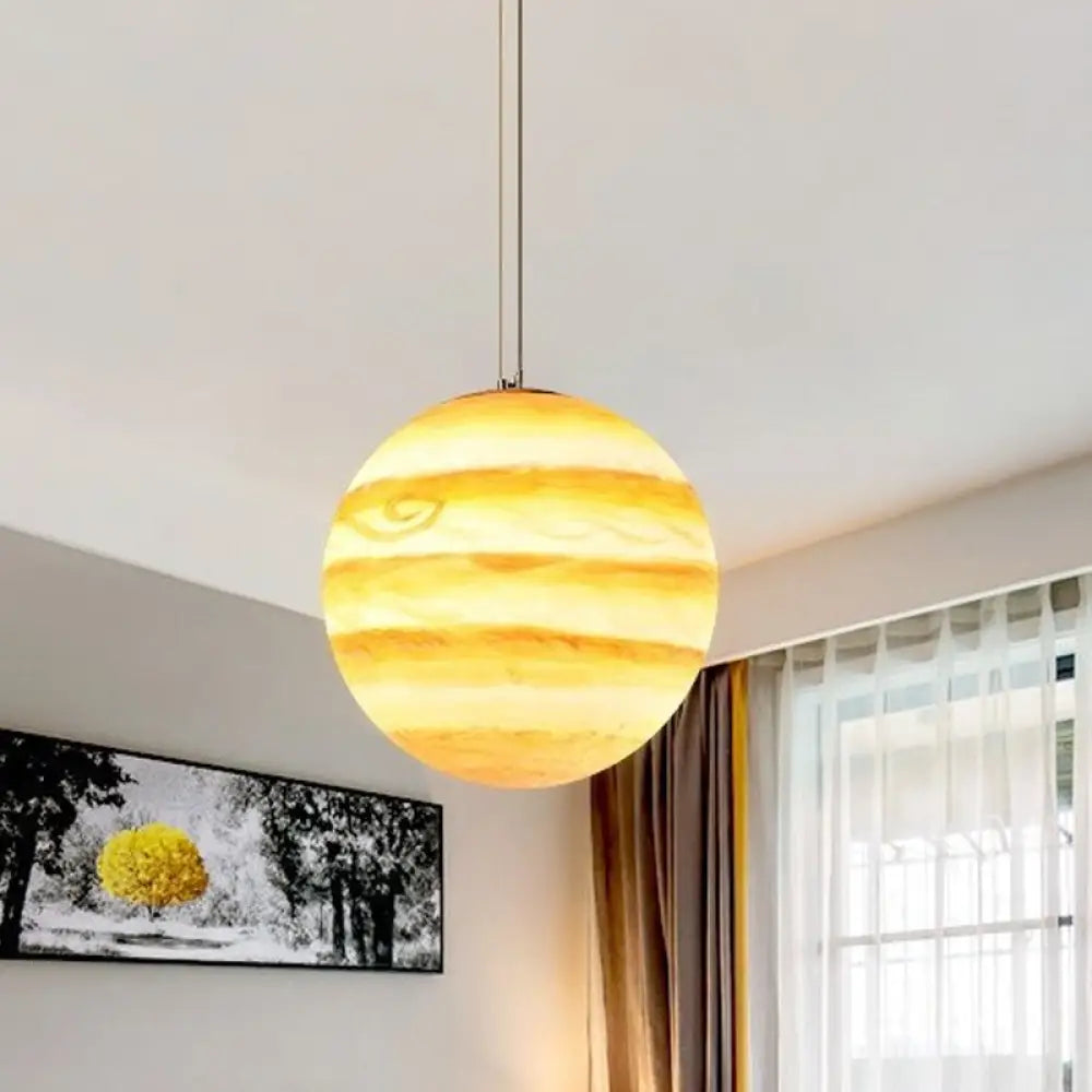 Kids Hanging Lamp: Saturn/Earth Sphere Light Blue/Yellow Glass Single-Bulb 8’/12’/16’ Dia