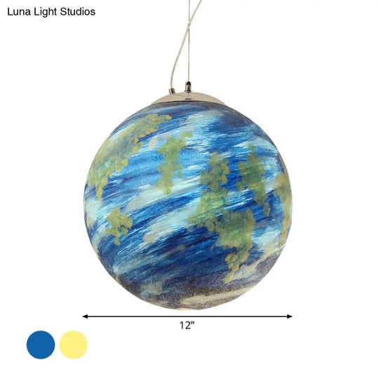 Kids Hanging Lamp: Saturn/Earth Sphere Light Blue/Yellow Glass Single-Bulb 8’/12’/16’ Dia