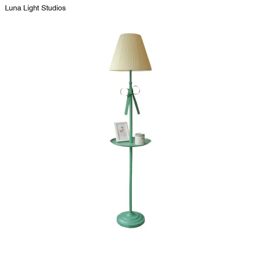 Kids Iron Single Green Floor Lamp With Pleated Beige/Pink Shade - Ribbon Standing Light