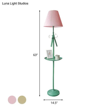 Kids Iron Single Green Floor Lamp With Pleated Beige/Pink Shade - Ribbon Standing Light