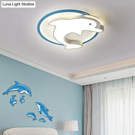 Kids Led Blue Dolphin Ceiling Light Fixture With Warm/White Acrylic Shade Flush Mount 18’/23.5’ W