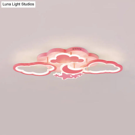 Kid’s Led Ceiling Light: Moonlit Starry Sky Semi Flush Mount For Bedroom - Pink/White