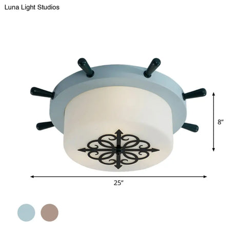 Kids’ Led Ceiling Light With White Glass Drum And Rudder Blue/Brown Canopy