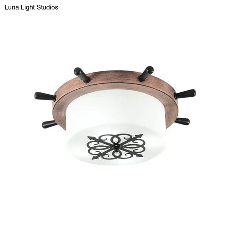 Kids’ Led Ceiling Light With White Glass Drum And Rudder Blue/Brown Canopy