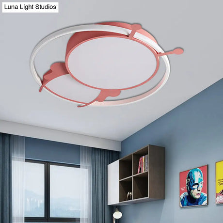 Kids Led Flush Mount Lamp With Metal Ring - Pink/Yellow Pendant Light Featuring Acrylic Bee Shade