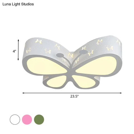 Kids Led Flushmount Ceiling Lamp - Metal Butterfly Flush Mount Lighting Fixture In Pink/White/Green