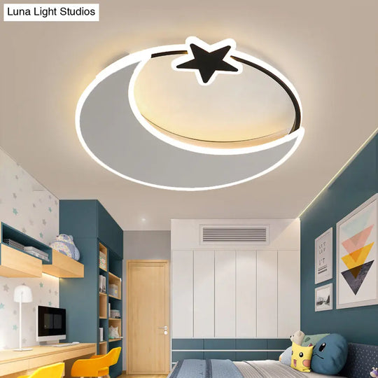 Kids Led Moon And Star Ceiling Light Fixture - Acrylic Black-White Flush Mount For Bedroom / 16.5