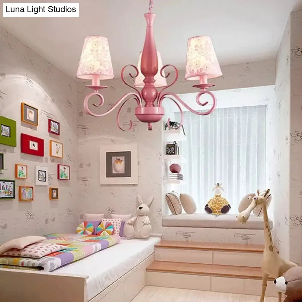 Kids Pink Chandelier: Girl Bedroom Metal Shade Tapered 3 Lights Hanging Light