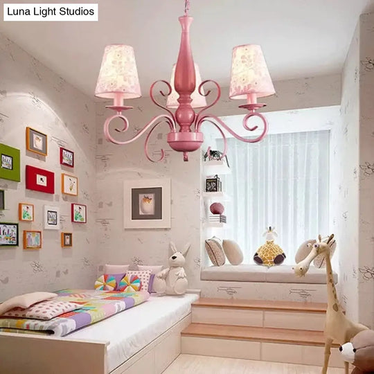 Kids Pink Chandelier: Girl Bedroom Metal Shade Tapered 3 Lights Hanging Light