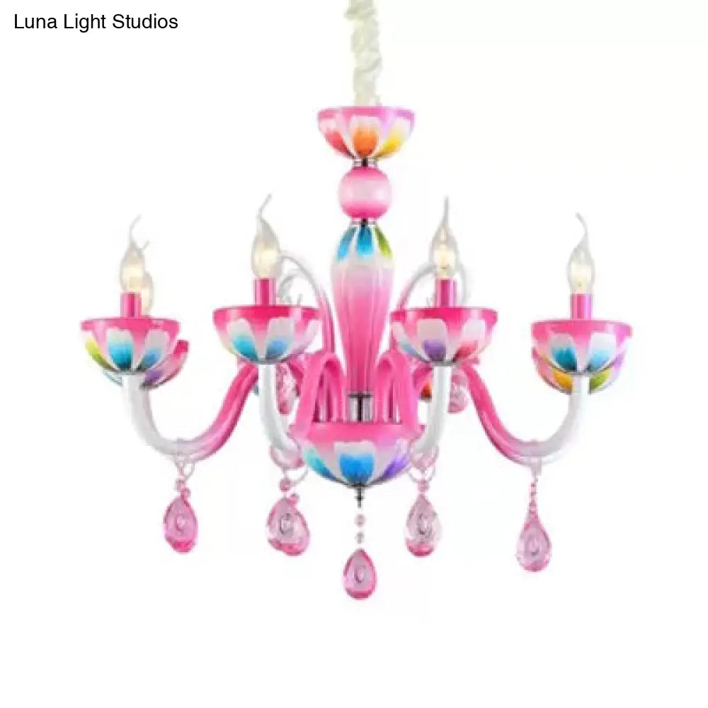 Kids Pink Nursing Room Chandelier Pendant Light With Crystal Deco - Metal Finish