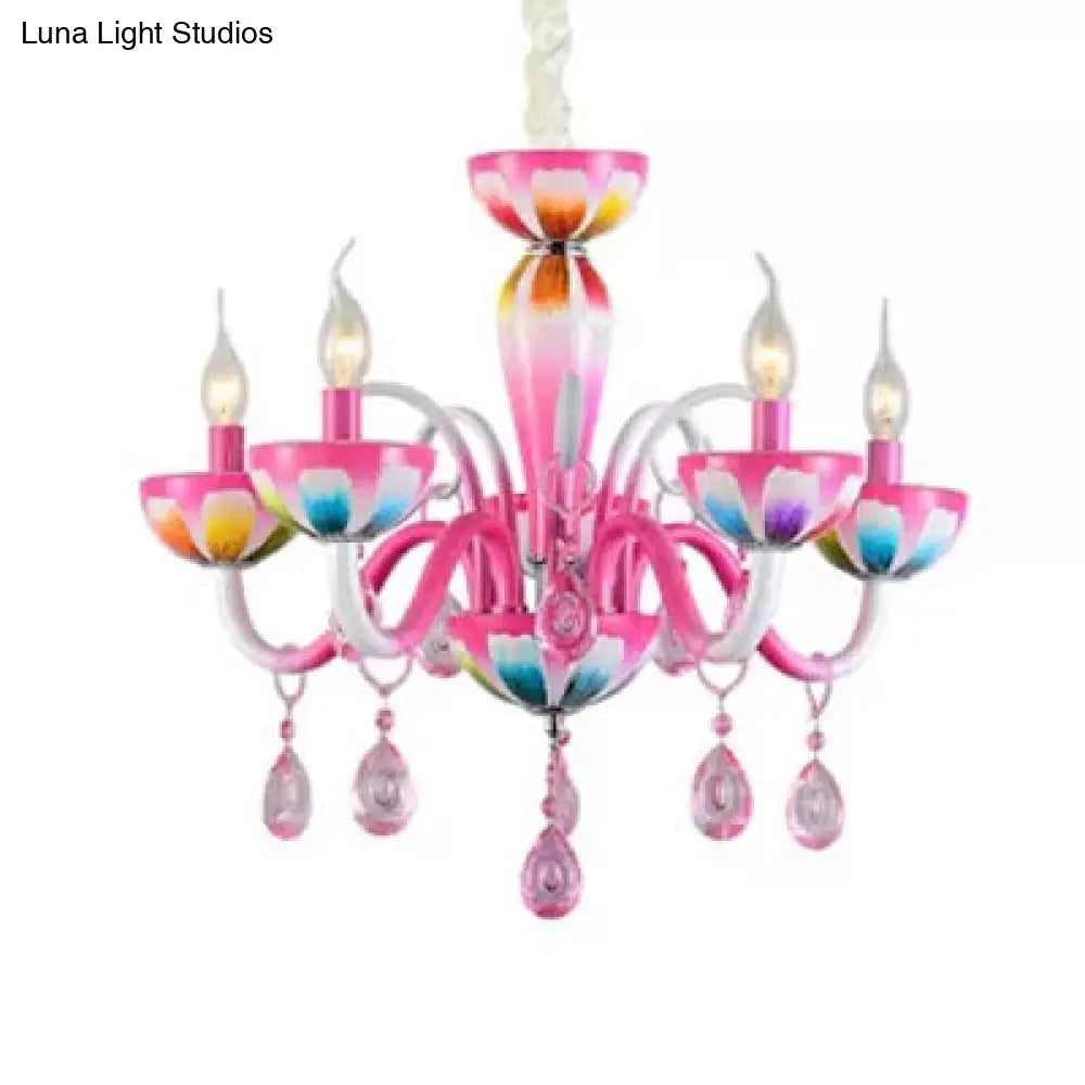 Kids Pink Nursing Room Chandelier Pendant Light With Crystal Deco - Metal Finish
