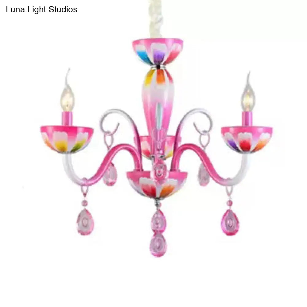 Kids Pink Nursing Room Chandelier Pendant Light With Crystal Deco - Metal Finish