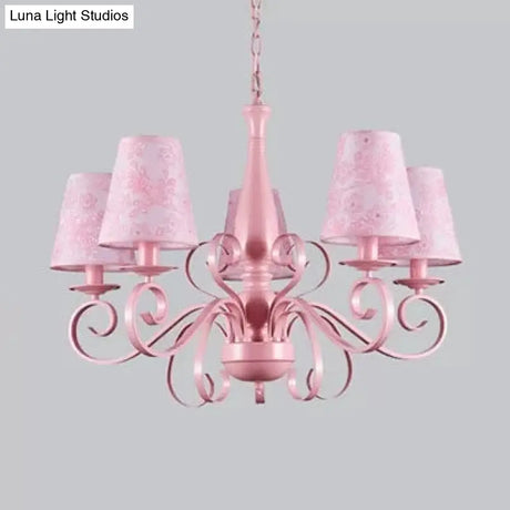 Kids Pink Tapered Shade Chandelier - 5 Light Metal Hanging Lamp For Living Room