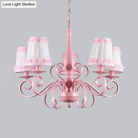 Kids Pink Tapered Shade Chandelier - 5 Light Metal Hanging Lamp For Living Room