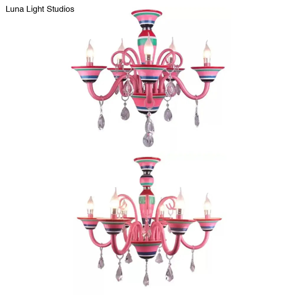 Kids Pink Teardrop Crystal Pendant Light: Candle-Shaped Metal Hanging Light For Girls Room
