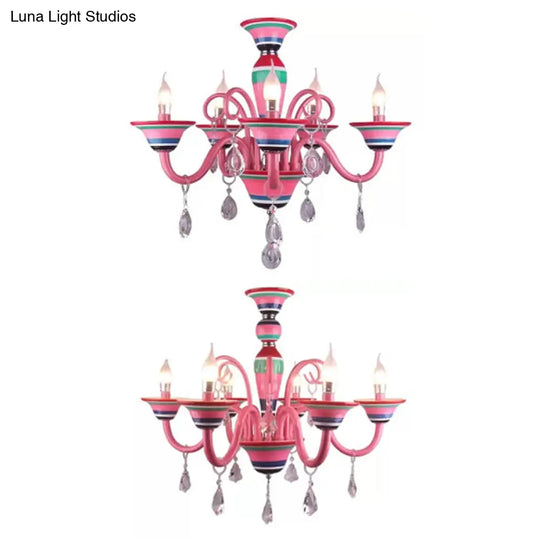 Kids Pink Teardrop Crystal Pendant Light: Candle-Shaped Metal Hanging Light For Girls Room