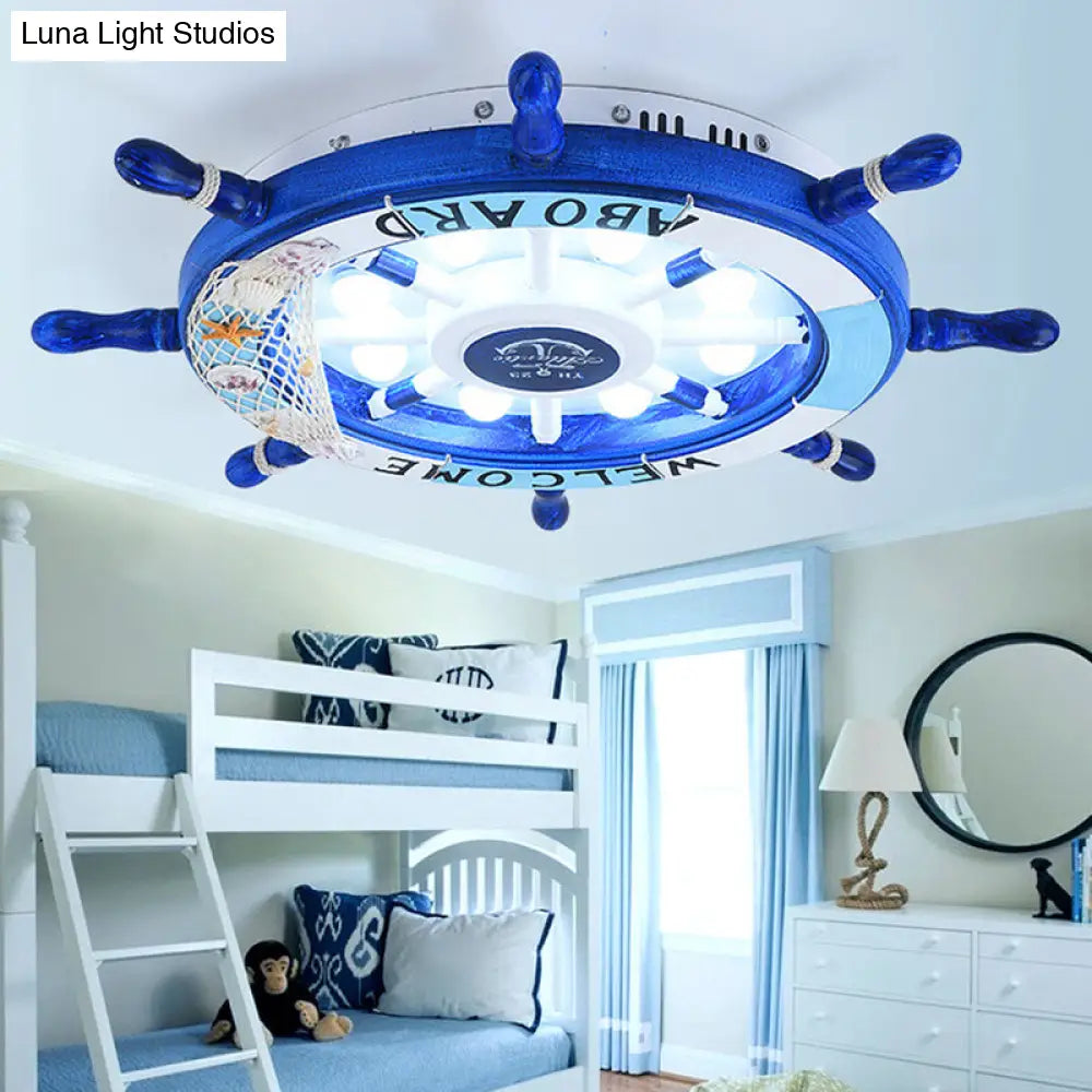 Kids Style 8-Bulb Led Flush Ceiling Light - Rudder Wooden Flushmount With Fishnet Deco
