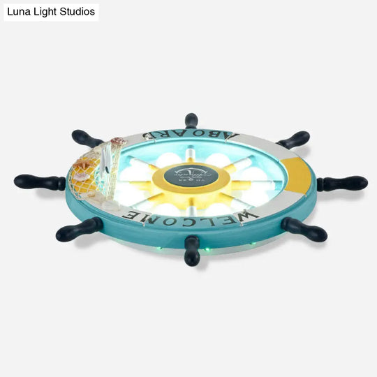 Kids Style 8-Bulb Led Flush Ceiling Light - Rudder Wooden Flushmount With Fishnet Deco Blue / 18