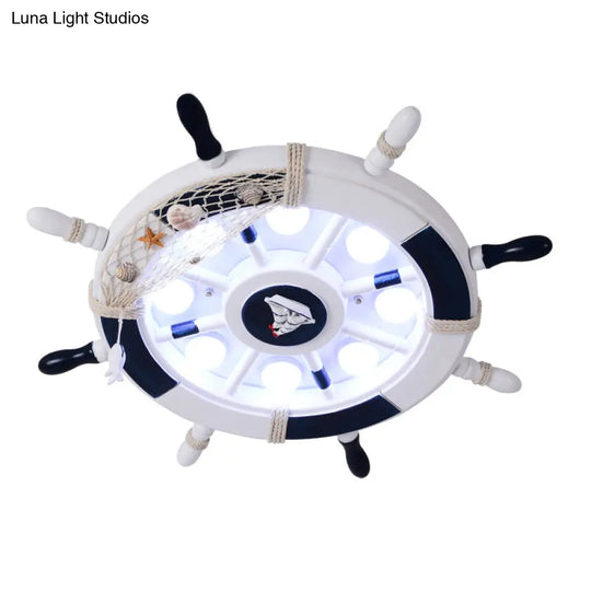 Kids Style 8-Bulb Led Flush Ceiling Light - Rudder Wooden Flushmount With Fishnet Deco