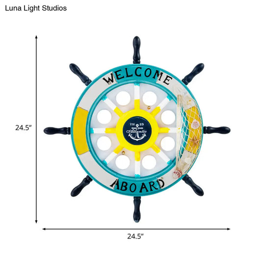 Kids Style 8 - Bulb Led Flush Ceiling Light - Rudder Wooden Flushmount With Fishnet Deco Blue /