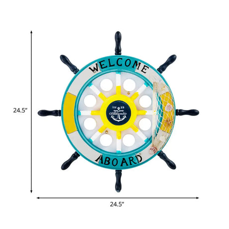 Kids Style 8 - Bulb Led Flush Ceiling Light - Rudder Wooden Flushmount With Fishnet Deco Blue /