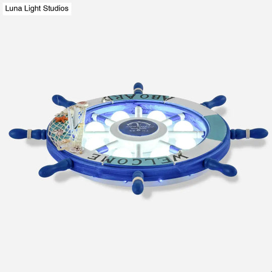 Kids Style 8 - Bulb Led Flush Ceiling Light - Rudder Wooden Flushmount With Fishnet Deco Dark Blue