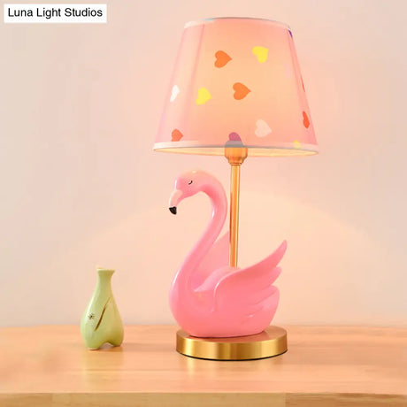 Kids Style Swan Pattern Fabric Nightstand Lamp - Quirky Single Table Lighting With Decorative Bucket