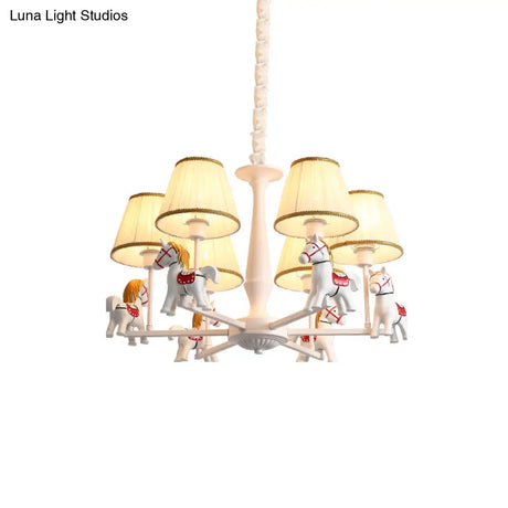 Kids White Horse Chandelier Lamp - Resin Ceiling Pendant Light With Fabric Shade