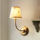 Kids White Wall Light Kit With Conical Star Patterned Fabric Sconce Brass Curvy Arm & 1 Bulb