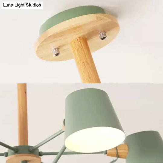 Kids Wood Chandelier: Macaron Style Hanging Fixture For Bedroom With Rod And Tapered Shade