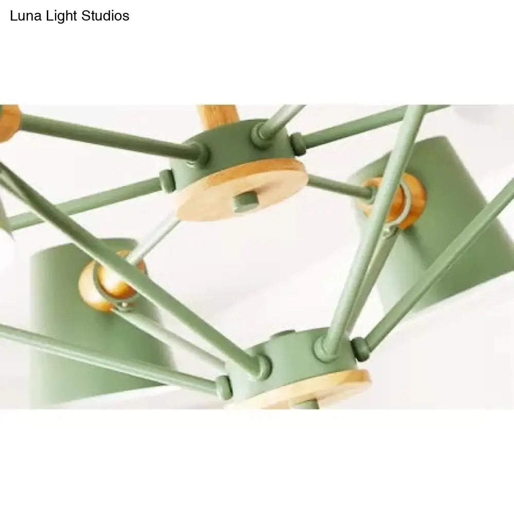 Kids Wood Chandelier: Macaron Style Hanging Fixture For Bedroom With Rod And Tapered Shade