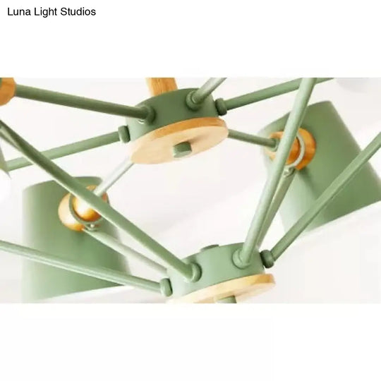 Kids Wood Chandelier: Macaron Style Hanging Fixture For Bedroom With Rod And Tapered Shade