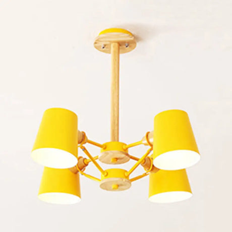 Kids Wood Chandelier: Macaron Style Hanging Fixture For Bedroom With Rod And Tapered Shade 4 /