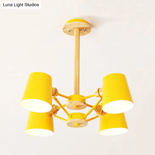 Kids Wood Chandelier: Macaron Style Hanging Fixture For Bedroom With Rod And Tapered Shade