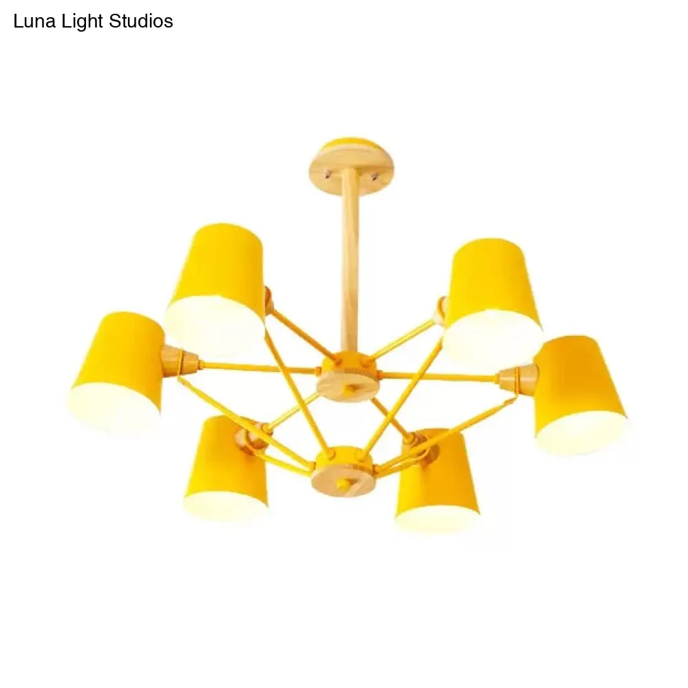 Kids Wood Chandelier: Macaron Style Hanging Fixture For Bedroom With Rod And Tapered Shade