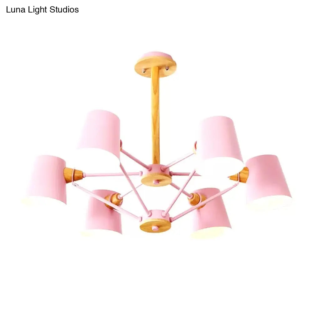 Kids Wood Chandelier: Macaron Style Hanging Fixture For Bedroom With Rod And Tapered Shade