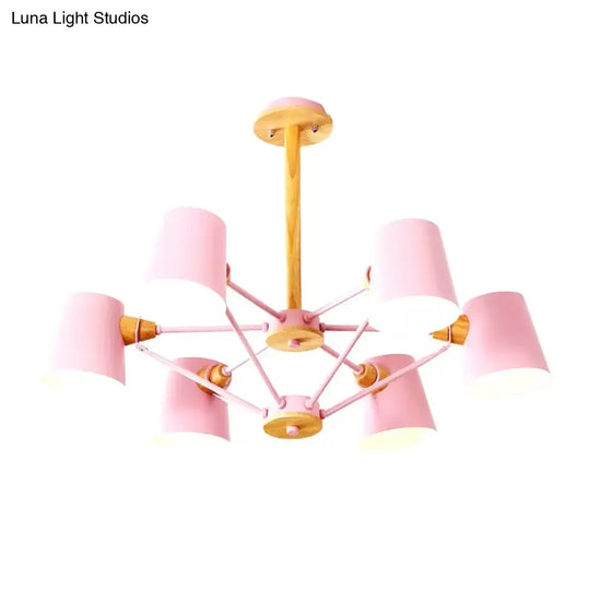 Kids Wood Chandelier: Macaron Style Hanging Fixture For Bedroom With Rod And Tapered Shade