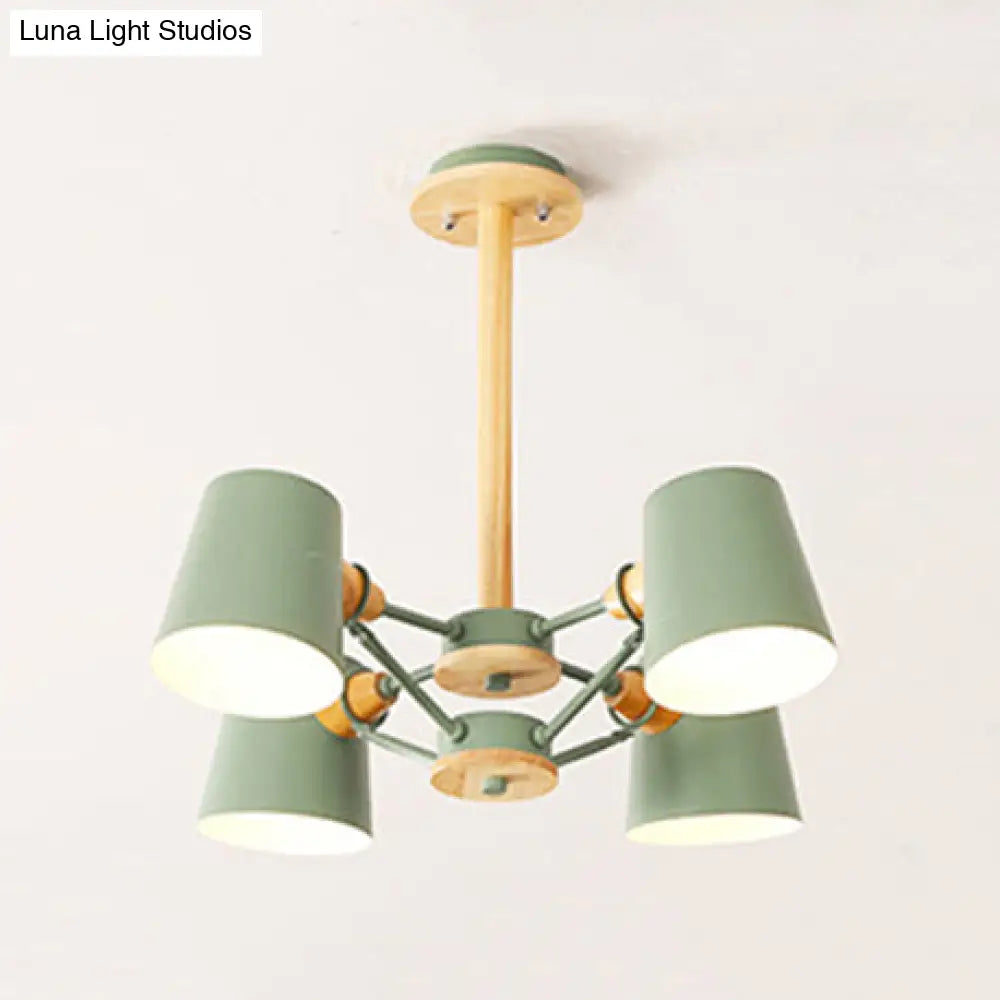 Kids Wood Chandelier: Macaron Style Hanging Fixture For Bedroom With Rod And Tapered Shade