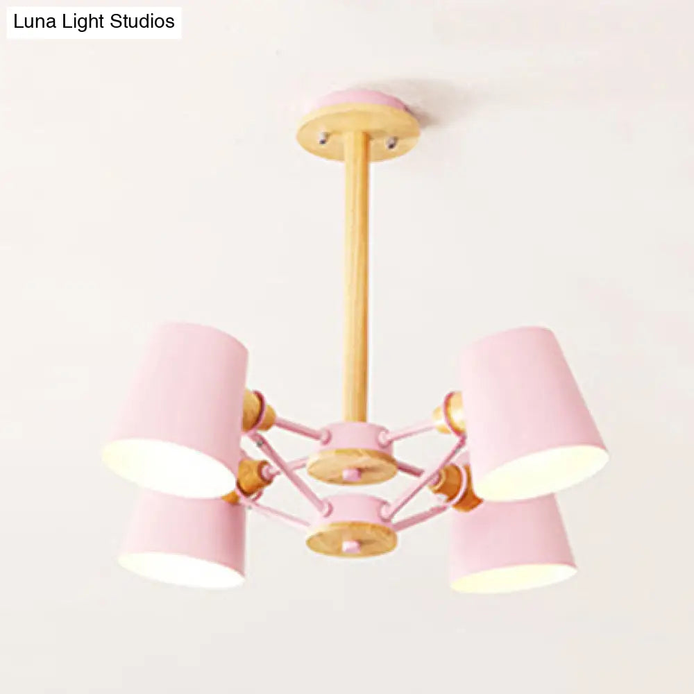 Kids Wood Chandelier: Macaron Style Hanging Fixture For Bedroom With Rod And Tapered Shade